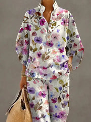 Women's Retro Floral Art Print Casual 3/4 Sleeve Top And Pants Cotton Linen Suits