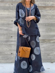 Womens Abstract Print Cotton Linen Spliced Top And Wide Leg Pants Set