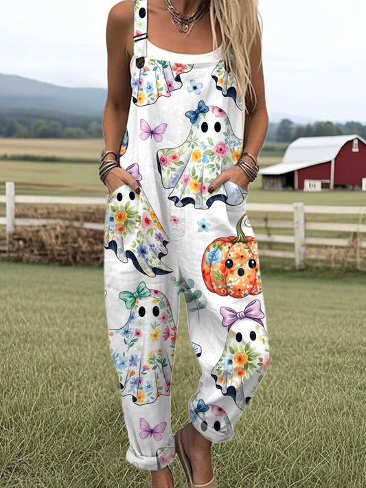 Women's Ghost Pumpkin Art Print Casual  Wide Leg Jumpsuit