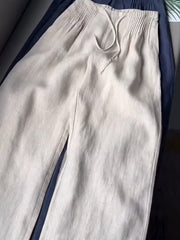 Women's Solid Color Pleated Drawstring Casual100% Cotton and Linen Wide Leg Pants