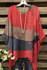 Round Neck Colorblock Print Long Sleeves Irregular Hem Casual Blouse
