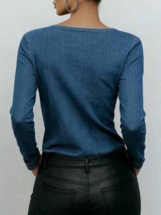 Women's V-neck Long-sleeved Casual Loose Denim Top