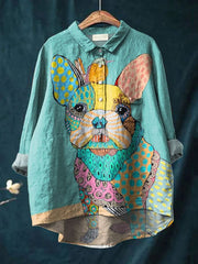 Vintage Lovely Dog Art Print Casual Cotton And Linen Shirt