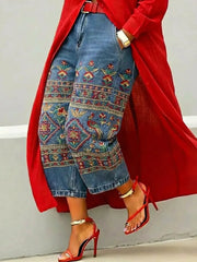 Women's Retro Ethnic Birds Pattern Art Print Casual Jeans