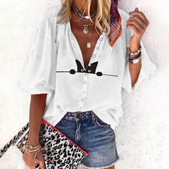 Dashingsoul Casual Black Cat Print Women's Casual 3/4 Sleeve Blouse