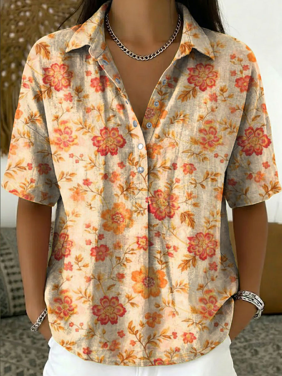 Women's Vintage Botanical Floral Casual Polo Collar Short-sleeved Linen And Cotton Shirt