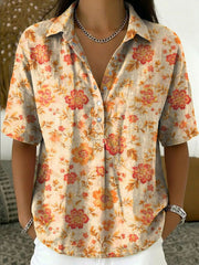 Women's Vintage Botanical Floral Casual Polo Collar Short-sleeved Linen And Cotton Shirt
