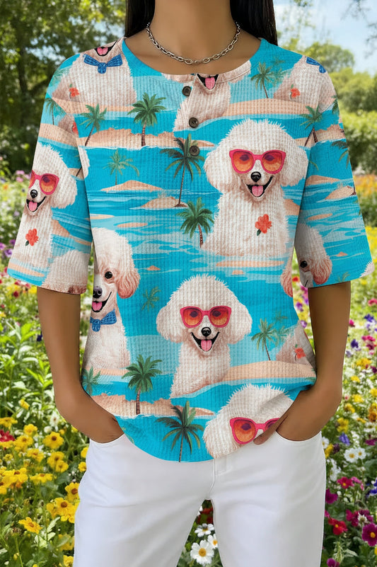 Womens Sky Blue Puppy Print Casual Waffle Cotton Shirt