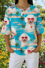 Womens Sky Blue Puppy Print Casual Waffle Cotton Shirt