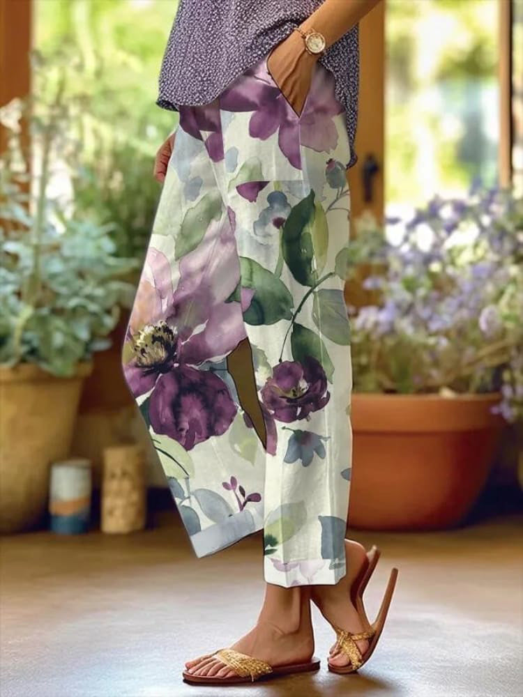 Women's Vintage Floral Art Printed 100%Cotton Casual Pants