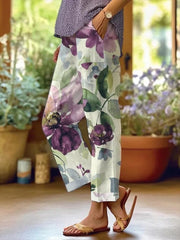 Women's Vintage Floral Art Printed 100%Cotton Casual Pants