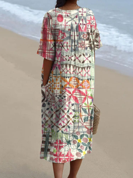 Women's Vintage Abstract Painting Art Print Flowy Dress