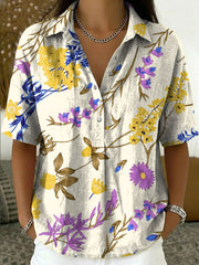 Women's Vintage Botanical Floral Casual Polo Collar Short-sleeved Linen And Cotton Shirt