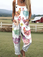 Women's Vintage Bird Art Print Casual Cotton Wide Leg Jumpsuit