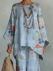 Women's Vintage Floral Art Comfortable Loose Cotton Linen Wide-leg Pants Two-piece Set