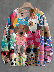 V-neck Women's Cartoon Flower Shirt for Puppies Print Long Sleeve Sweater