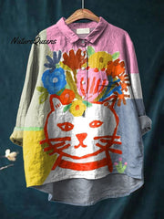 Cat In Floral Crown Painting Printed Women's Casual Cotton And Linen Shirt