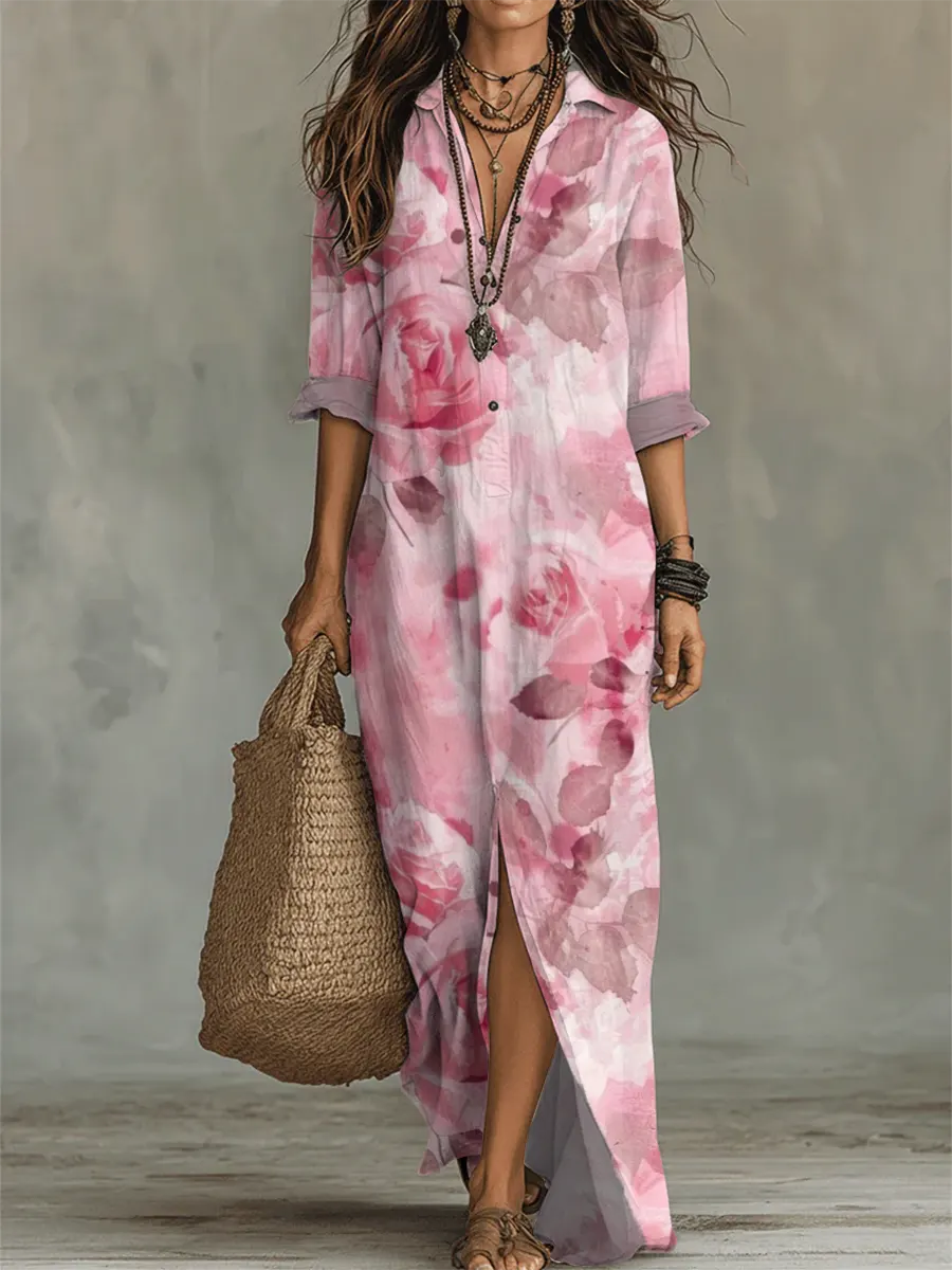 Women's Floral Art Print Casual Long Sleeve Cotton Dress
