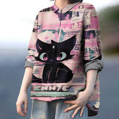 Women's Cat Print Casual Linen Shirt