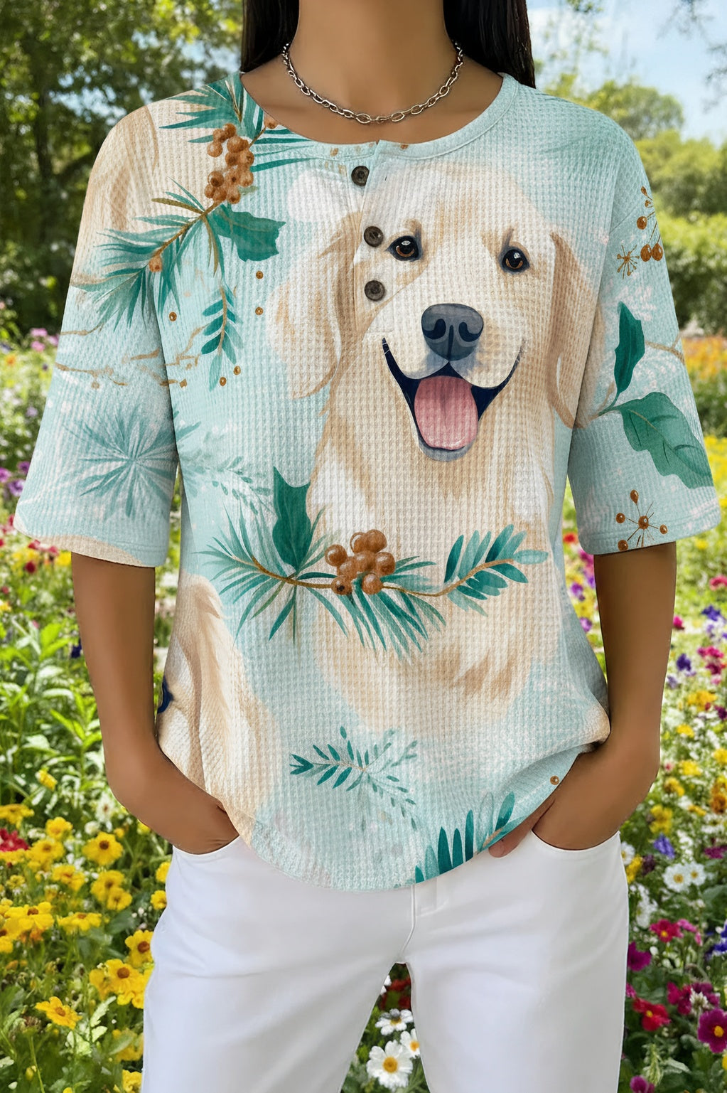 Womens Mint Green Golden Retriever Print Casual Waffle Cotton Shirt
