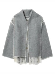 Women's Thickened Loose Woolen Coat with Scarf and Tassels