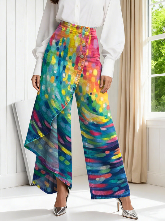Women's Vintage Gradient Colors Patterns Print High-waisted Relaxed Fit Wide-leg Jeans With A Stylish Design