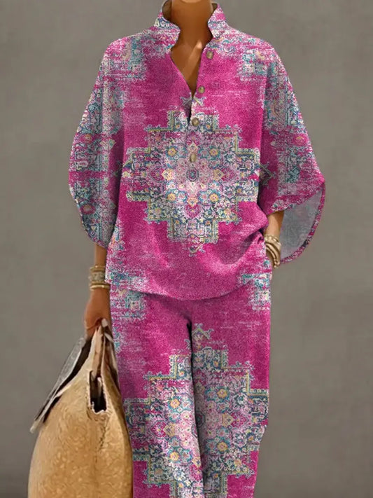Women's Retro Floral Art Print Casual 3/4 Sleeve Top And Pants Cotton Linen Suits