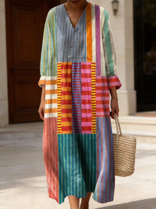 Women's Vintage Geometric Pattern Art Print Cotton Linen Dress