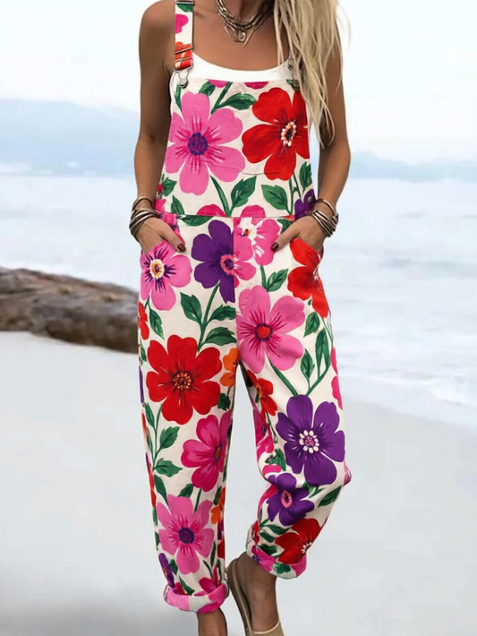 Women's Vintage Pink and Red Floral Print Sleeveless Loose Jumpsuit