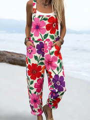 Women's Vintage Pink and Red Floral Print Sleeveless Loose Jumpsuit