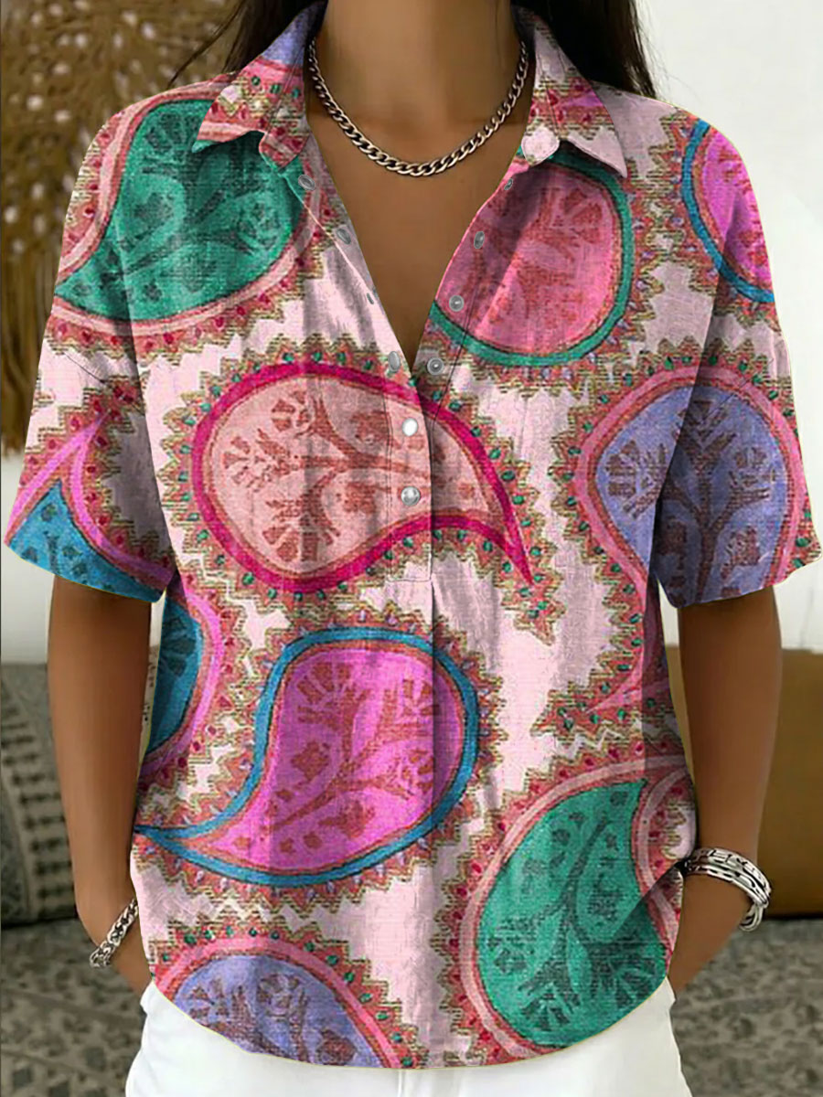 Women's Vintage Botanical Floral Casual Polo Collar Short-sleeved Linen And Cotton Shirt