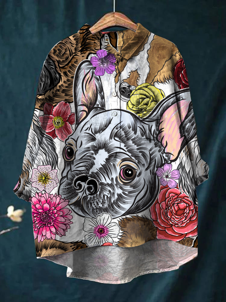 Cute puppy pattern printed women's casual cotton and linen shirt