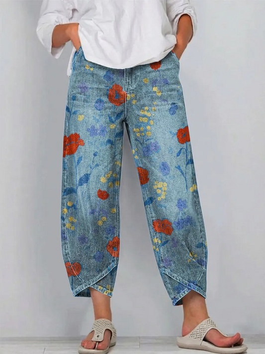 Women's Vintage Floral Pattern Art Print Casual  Denim Pants