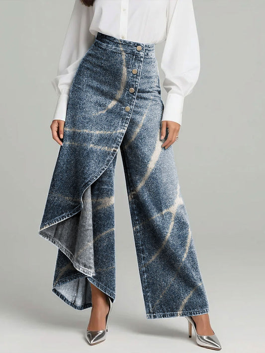 Women's Vintage Print High-waisted Relaxed Fit Wide-leg Jeans With A Stylish Design.