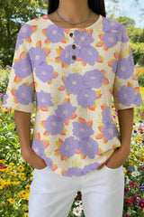 Womens Lavender Retro Floral Print Casual Waffle Cotton Shirt