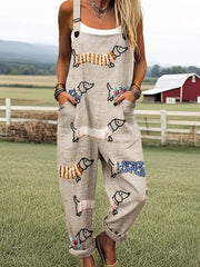 Women's Vintage Cute Dog Dachshund Print Casual Cotton Wide Leg Jumpsuit