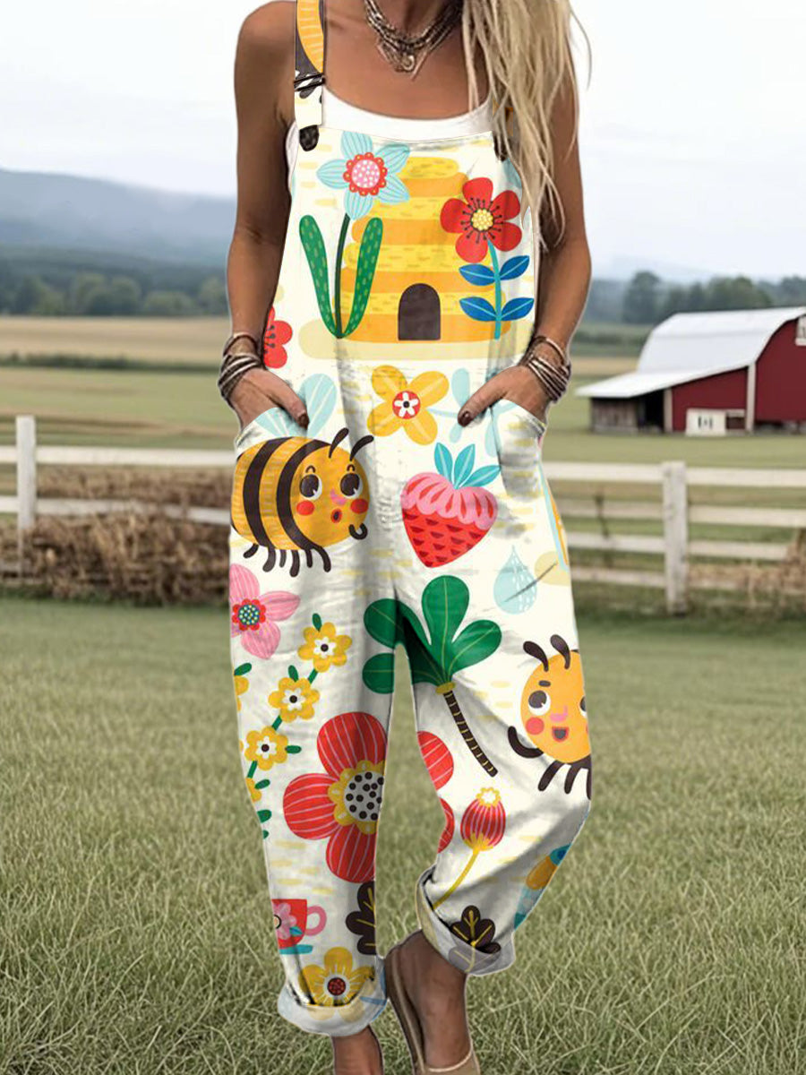 Women's Colorful Cute Flowers Bee Drawing Art Print Casual Wide Leg Jumpsuit