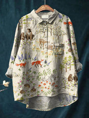 Women's Vintage Lovely Woodland Animals Art Print Casual Cotton And Linen Shirt