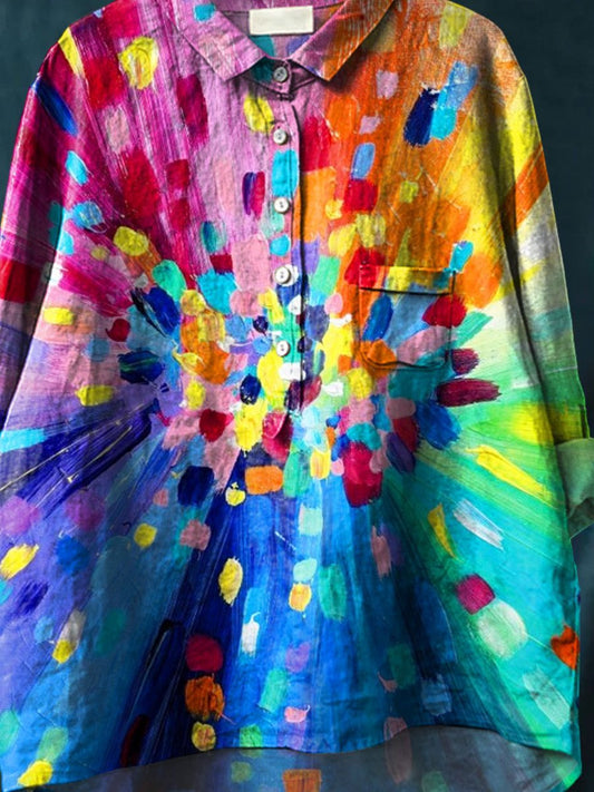 Women's Colorful Art Print Casual Cotton And Linen Shirt