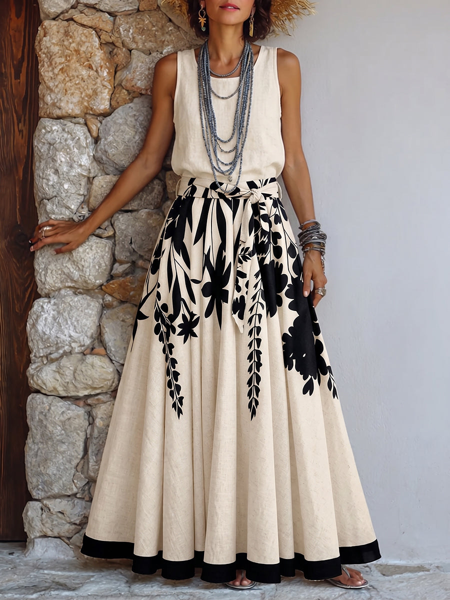 Womens Artistic Floral Leaf Print Cotton Linen Top And Skirt Set