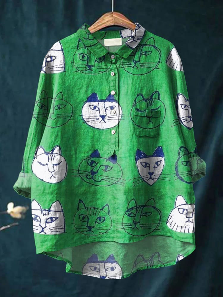 Cat Art Print Casual Cotton And Linen Shirt