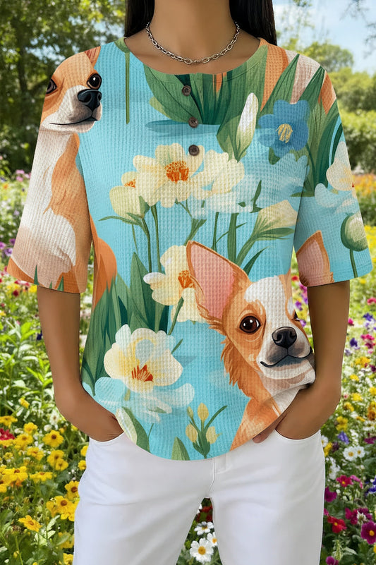 Womens Blue Floral Dog Print Casual Waffle Cotton Shirt