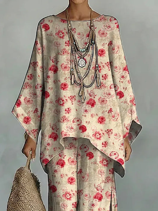 Women's Vintage Floral Art Comfortable Loose Cotton Linen Wide-leg Pants Two-piece Set