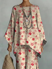 Women's Vintage Floral Art Comfortable Loose Cotton Linen Wide-leg Pants Two-piece Set
