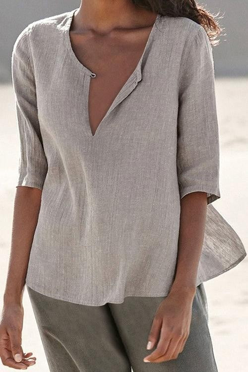 Solid Color Buttons Round Neck Half Sleeves Blouse