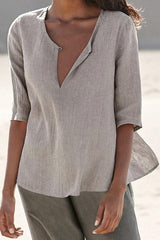 Solid Color Buttons Round Neck Half Sleeves Blouse