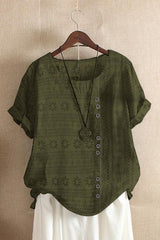 Geometric Print Buttons Round Neck Short Sleeves T-shirt