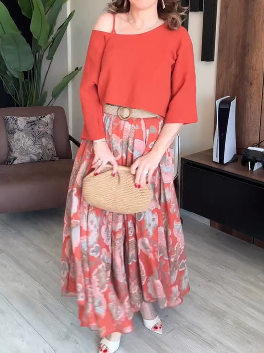 Women's Solid-color Crew Neck 3/4-sleeve Blouse & Vintage-print V-neck Sleeveless Casual Loose-fit Cotton-linen Dress Set