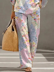 Women's Retro Floral Art Print Casual 3/4 Sleeve Top And Pants Cotton Linen Suits