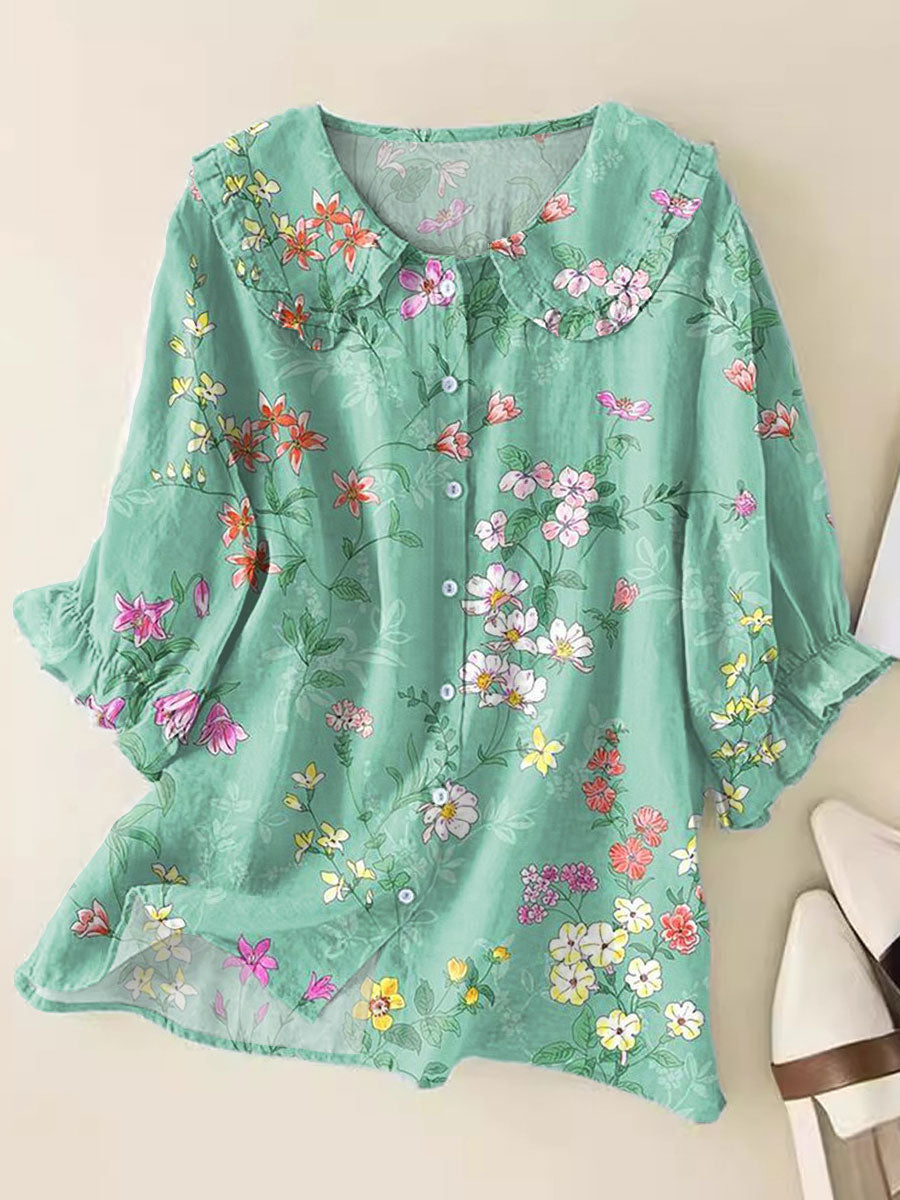 Women Vintage Floral Art Print Loose Peter Pan Collar Half Sleeve Blouses